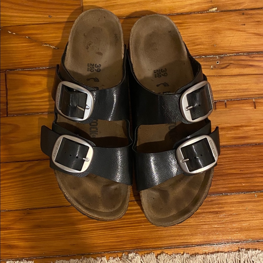 Birkenstock Black Sandals with Metallic Buckles